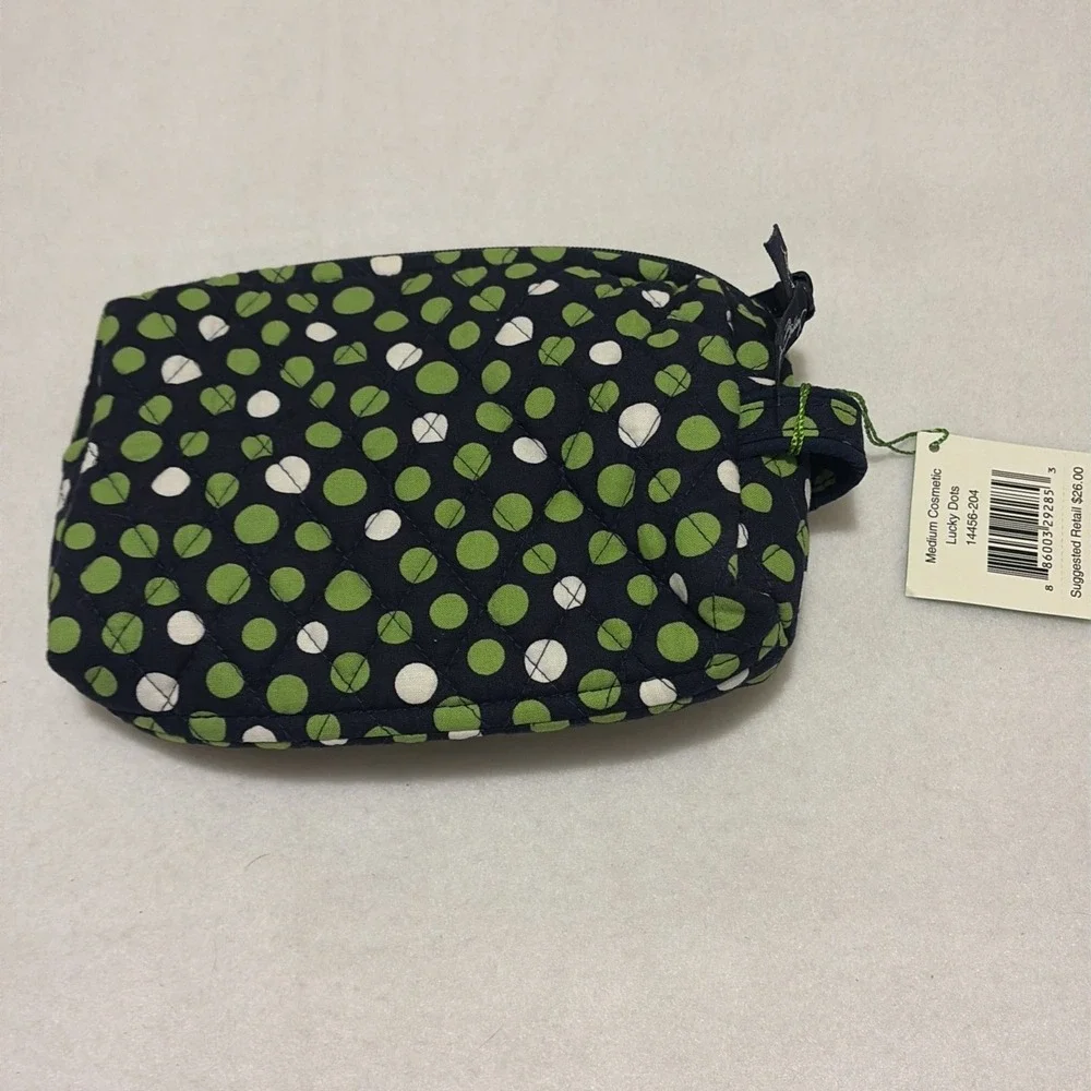 Vera Bradley Cosmetic Medium Lucky Dots Blue Polka Dots Green White Zip Closure‎